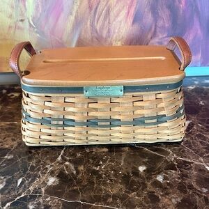 Longaberger Tan and Green Woven Basket with Lid